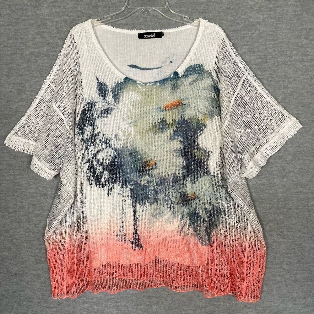 Zuriel Artsy Open Knit Sweater Top Womens Small Medium Abstract Floral Funky Art